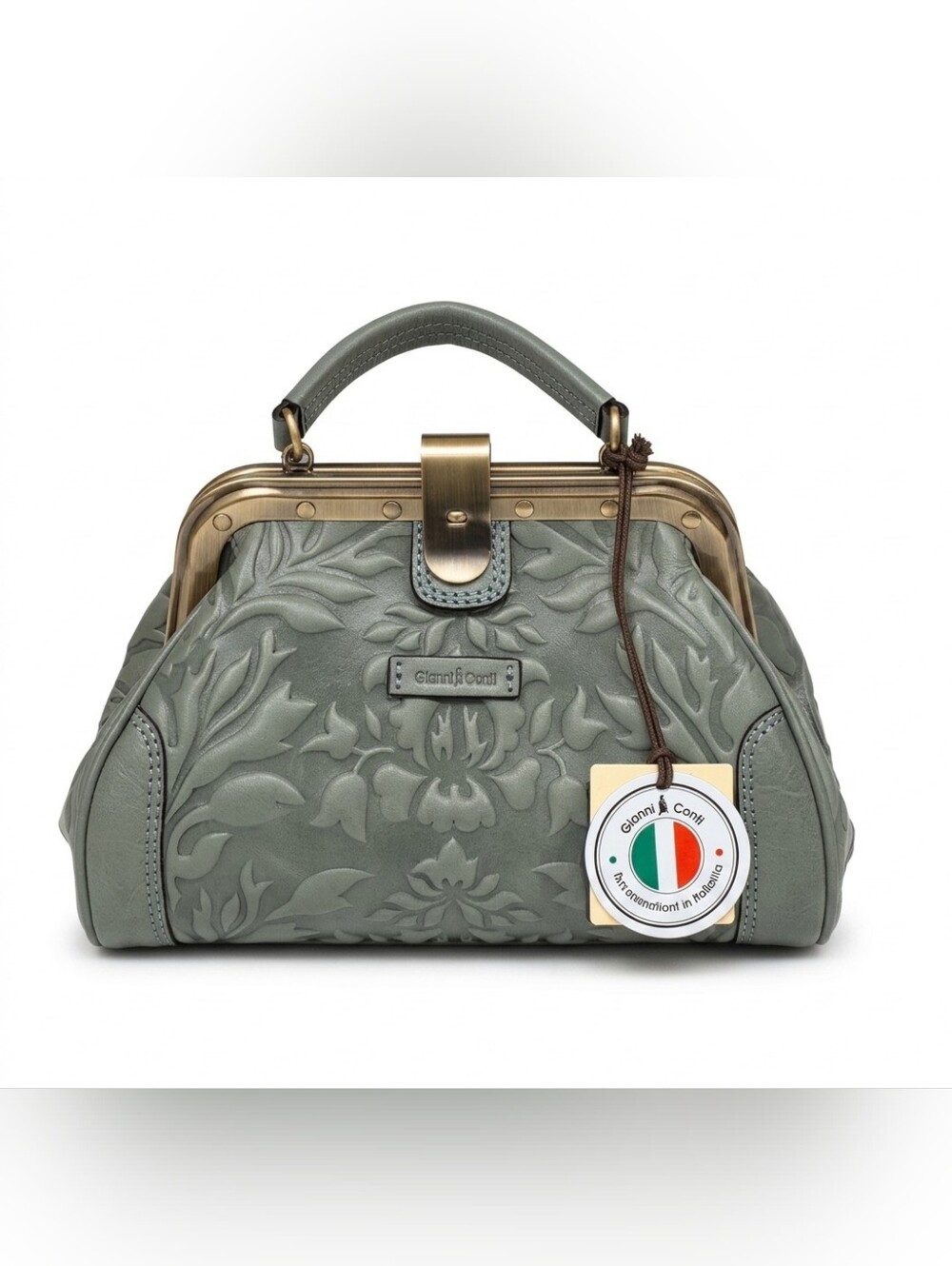 Gianni Conti NWT Italian Embossed Leather Frame Bag Sage Green Floral Doctor Sat